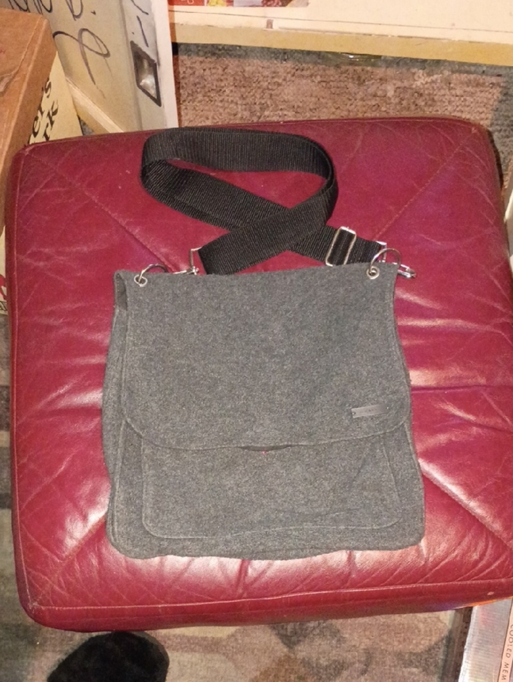 Old Navy Gray Felt Crossbody Bag with Black Strap